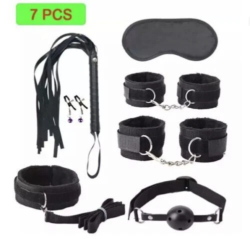 Kit Bondage 7 Pièces BDSM – Menottes, Bâillon, Fouet, Collier & Laisse