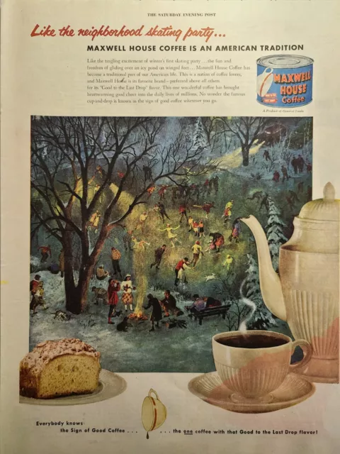 Vintage Print Ad 1952 Saturday Evening Post Maxwell House Coffee Skating Party