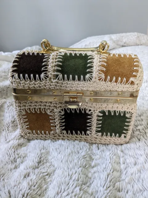 Vintage Rosenfeld Patchwork Box Handbag  Italy 60s Retro Purse Brown Green Suade