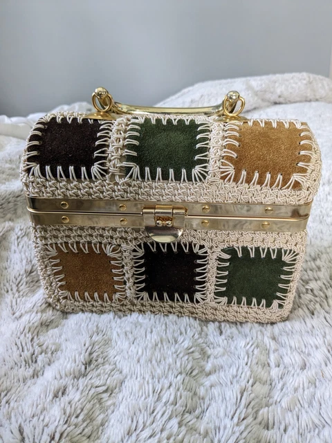 Vintage Rosenfeld Patchwork Box Handbag Italy 60s Retro Purse Brown Green Suade Vintage Rosenfeld Patchwork Box Handbag Italy 60s Retro Purse Brown Green Suade