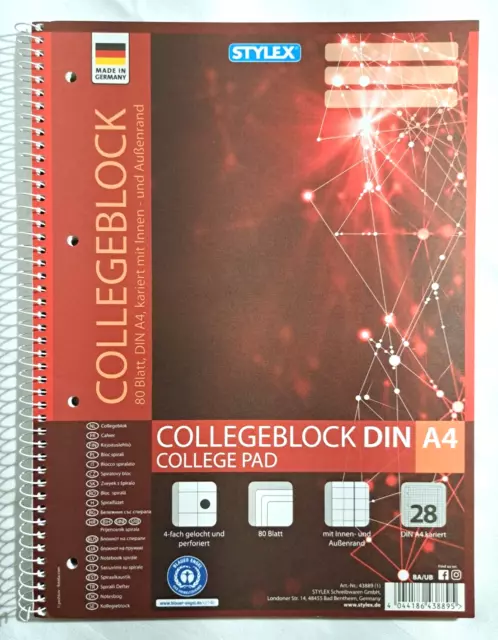 👉Collegeblock - DIN A4 KARIERT - 80 Blatt STYLEX perforiert/gelocht mit Rand👈