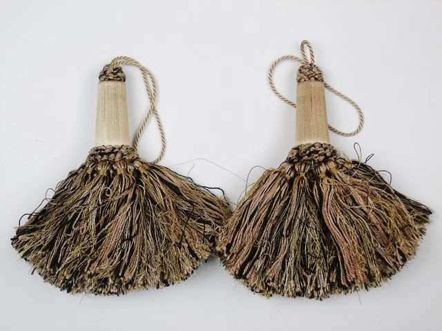 Pair of Decorative TASSELS Drapery Curtain Tie Backs Gold Black Tan E
