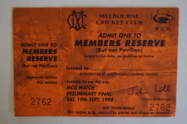 Western Bulldogs AFL MCG Preliminary Final 1998 Admission to Members v Adelaide