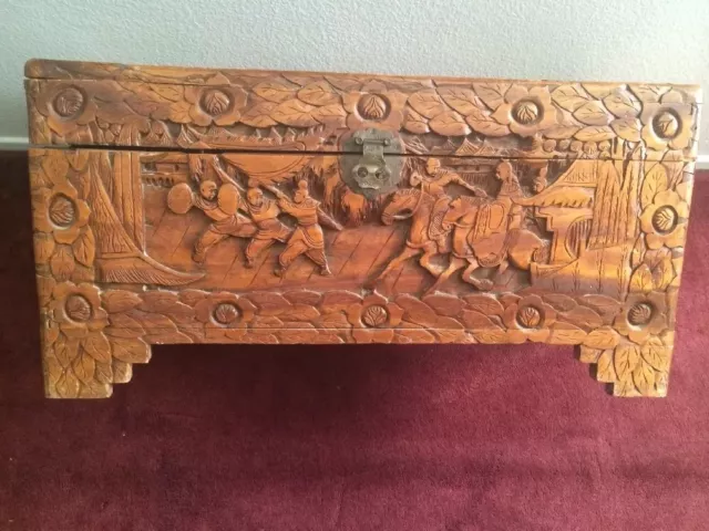 Antique Chinese/Japanese Warriors Camphor Wood W/Flower Carvings Asian Trunk