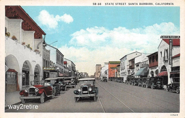 Postcard CA Santa Barbara 907 State Street Looking North Hand Painted Calif 1920