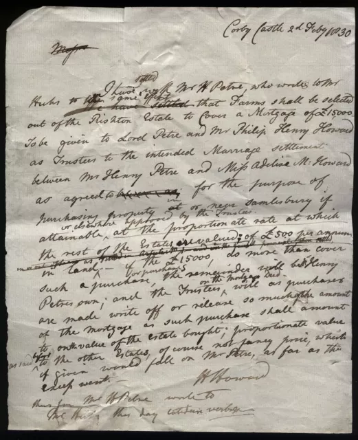 1830 CORBY CASTLE letter from Henry Howard, re Rishton Estate, Lord Petre, etc.