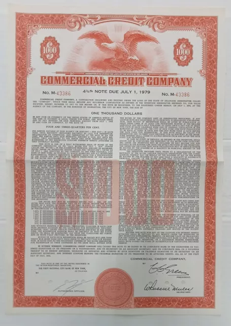 United States Commercial Credit Company 1979 share certificate for 1000 shares