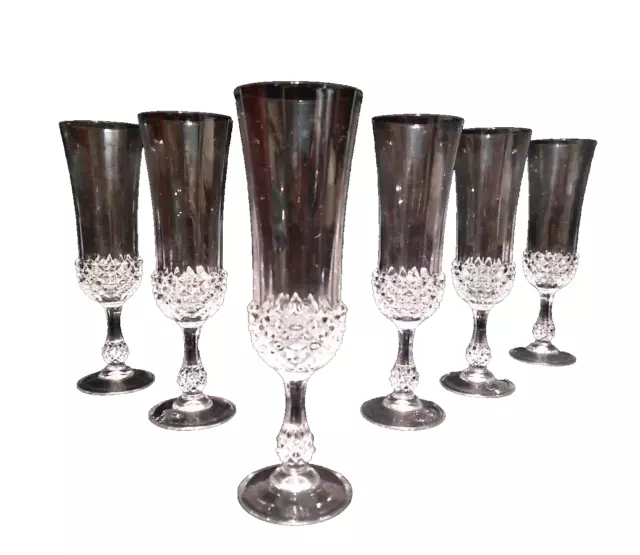 Diamond Panel Fluted Champagne  Goblets Knob Stem Vintage 7.75"H 6 oz Set of 6