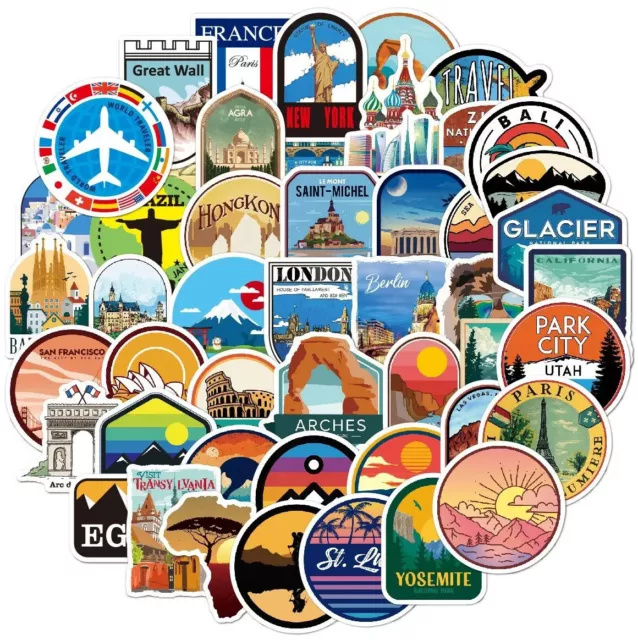 50 World Travel Country Region Logo Stickers Skateboard Luggage Laptop Decal UK