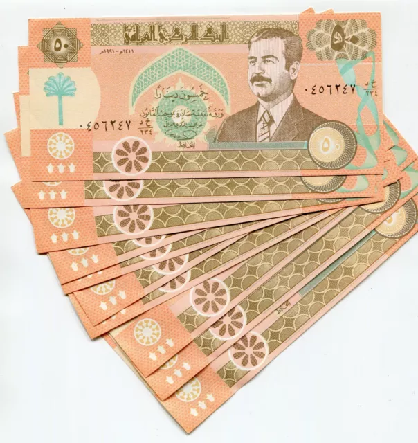 Saddam Hussein Iraq Iraqi 50 Dinar P75 VF Original Very Rare x 10 Banknote Lot