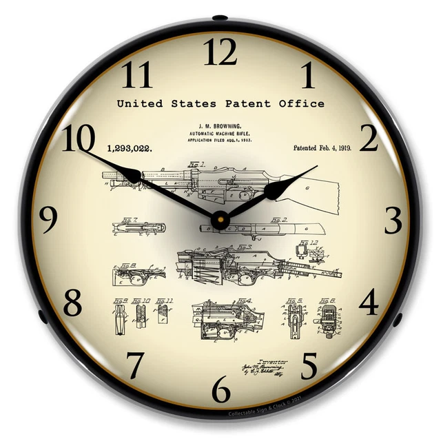 B.A.R. Browning Automatic Rifle 1919 Patent, Lighted Backlit LED Wall Clock