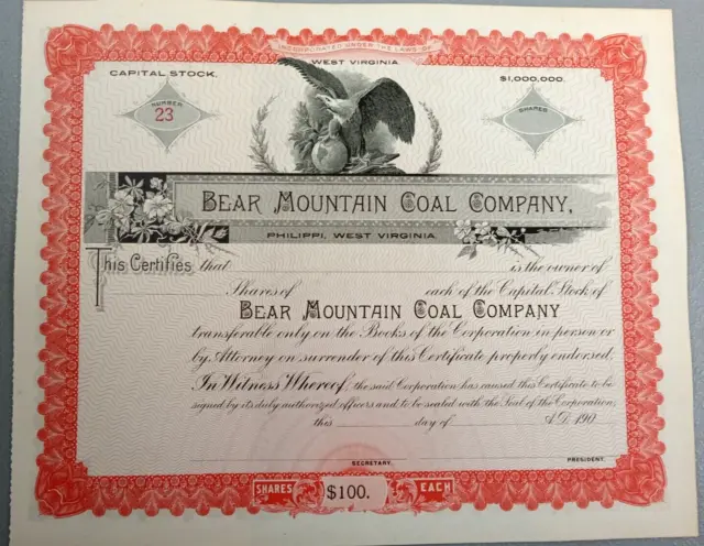 RARE Bear Mountain Coal Company WV Unissued Capital Stock Certificate