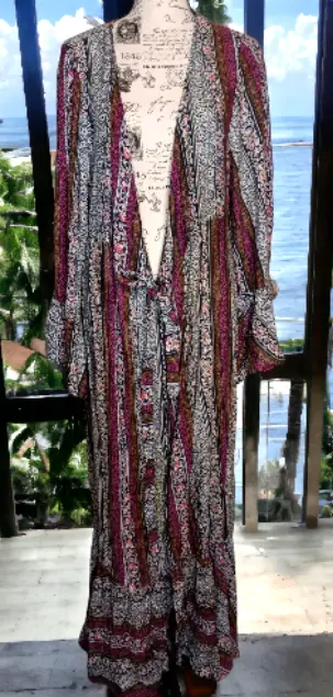 Saachi Kimono Robe Long Duster, Boho, One Size, Flowy, Pink, Blue, Flower, M/L