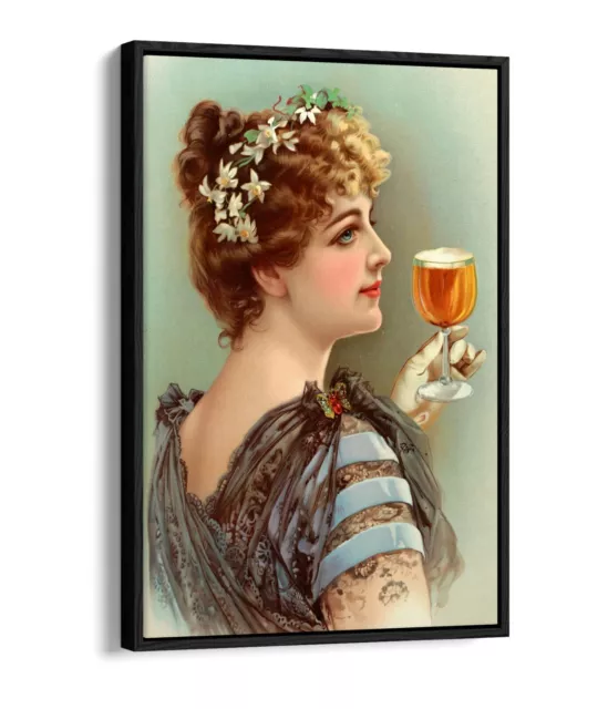 Vintage Beer Advert Art Deco Woman -Float Effect Framed Canvas Wall Art Print