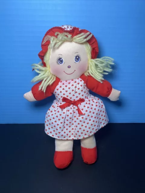 Vintage American Wego Plush Rag Doll Cloth Blonde Hair Blue Eyes Red Heart 7030