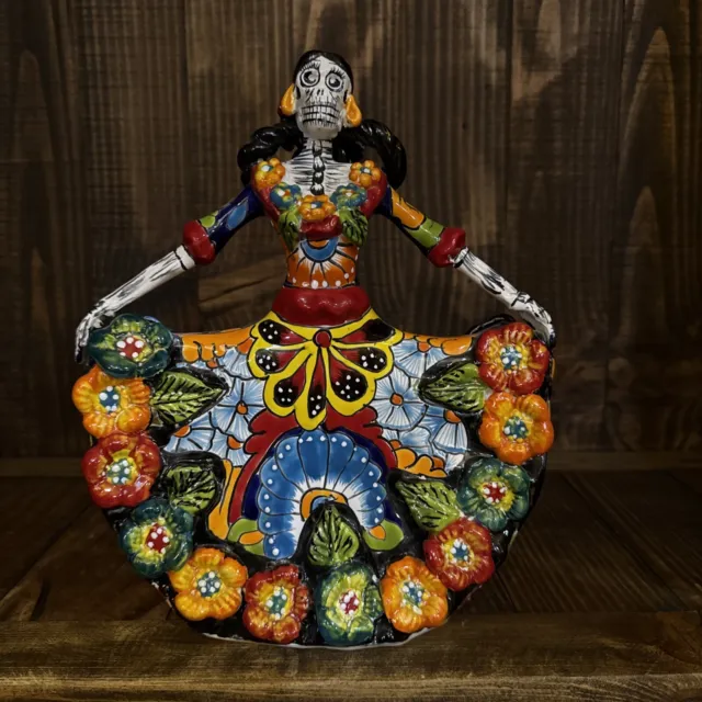 Mexican Talavera Catrina Dancer Day Of The Dead Figure Folk Art Pottery 12"