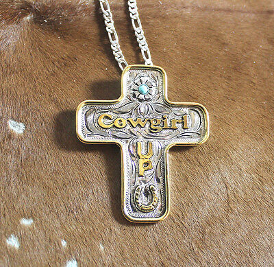 Western Womens Necklace Cross Rodeo Cowgirl Up Silver 18 in Turquoise Accent