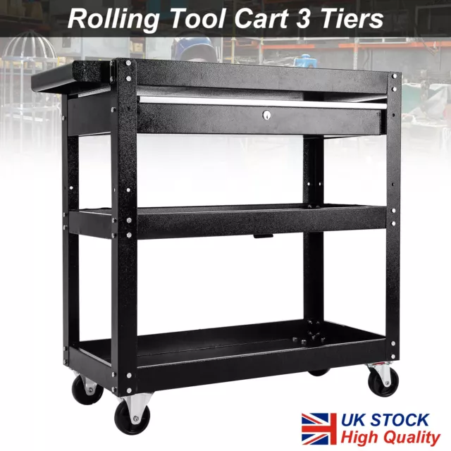 Tool Storage Heavy Duty Durable Garage Cart Trolley 3 Tier Workstaion Box black