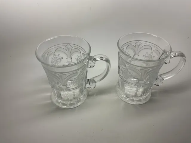VTG Pair Crystal Clear & Frosted FLEUR DE LIS Scrolled Handle Glass Mugs - NWOT!
