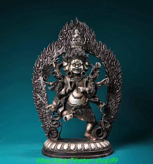13.3'' Old Tibet Bronze 4 Head 8 Arms Backlight Protector Deity Buddha Statue