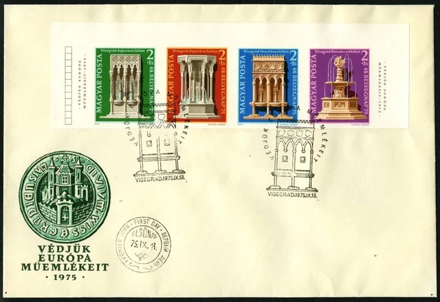 UNGARN 1975, Denkmalschutzjahr im ungez. Viererstreifen auf FDC, Pracht, Mi. 150