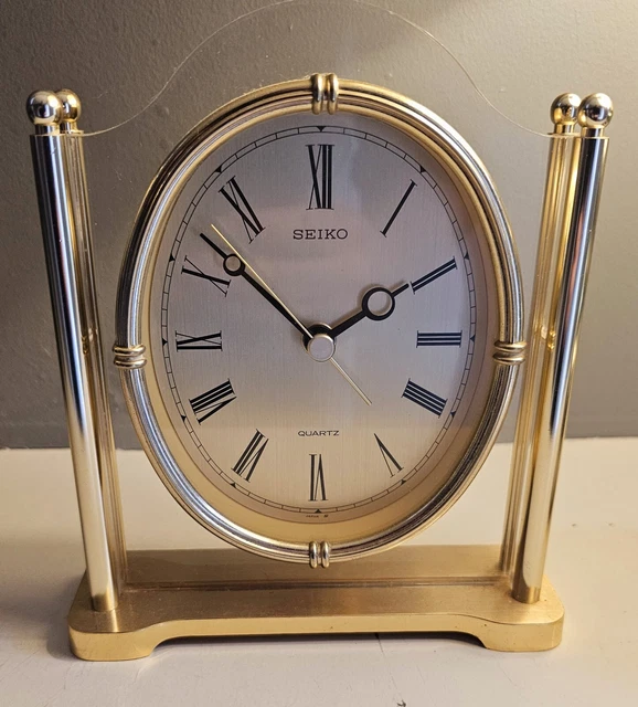VINTAGE SEIKO MANTLE Desk Shelf Clock Made Japan Quartz Gold Clear