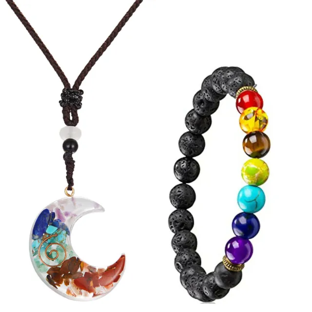 2Pcs Energy 7 Chakra Natural Necklace Bracelet Stone Yoga Reiki Healing Amulet