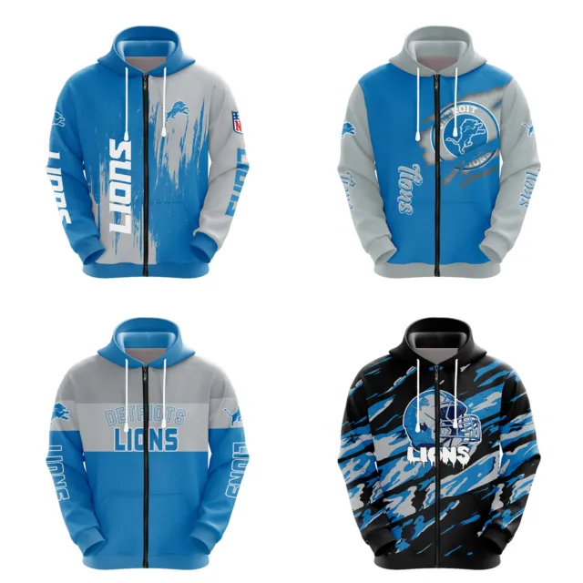 Detroit Lions Mens Zip Up Hoodie Sweatshirt Casual Football Hooded Jacket Gift