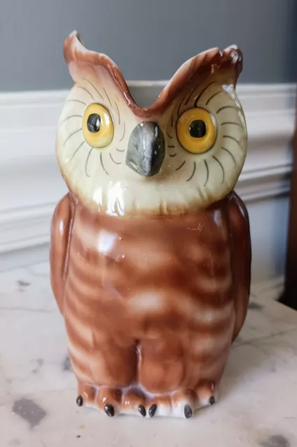 Vintage Painted Ceramic Figural Owl Pitcher 6"