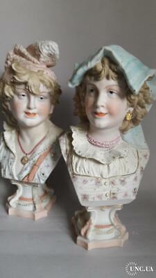 Antique 1900s Statue Young Man Girl Busts Biscuit Porcelain Figurines Signed Art