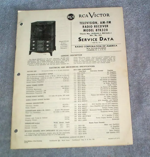 RCA 1949 T5 Service Data Manual Television AM-FM Radio Receiver 8TK320, 32p or.