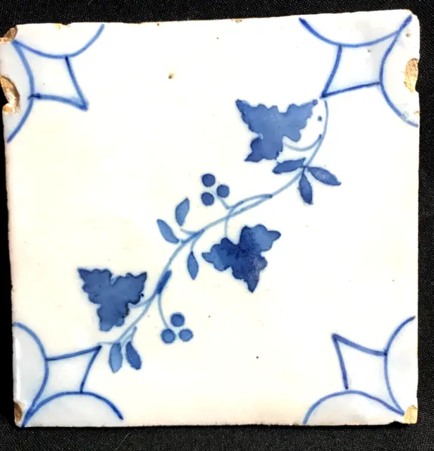 Antique Portuguese Tile Hand Painted Glazed Blue & White Leafy Vine 19thC 5.25"