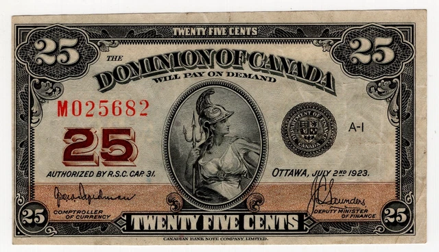 1923 Dominion Of Canada Twenty Five 25 Cent Shinplaster Bank Note Hyndman