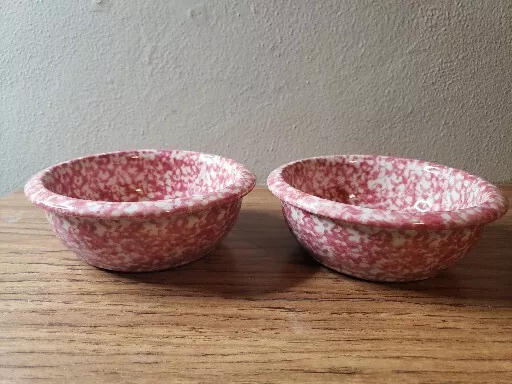 Set Of 2 Roseville Spongeware Pottery Red Soup Cereal Bowl 6¼" Workshop Henn