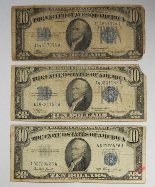(2)1934 & (1)1953 $10 Ten Dollar United States Silver Certificate Blue Seal