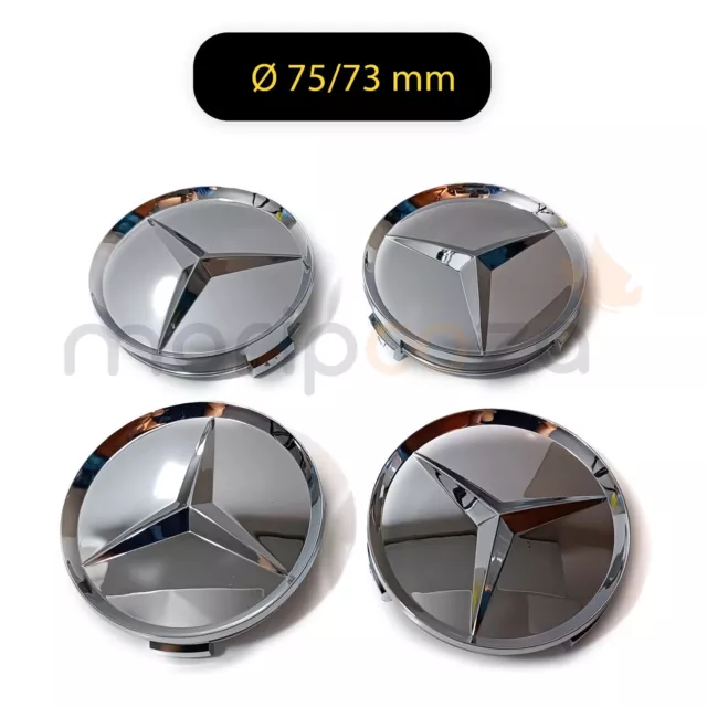 4x Cache Moyeux Centre Roue Ø 75/73mm Logo Mercedes Benz Full Silver Gloss Chrom
