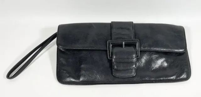 HOBO INTERNATIONAL AUDREY Distressed Glazed BLACK Leather Clutch Wristlet Wallet