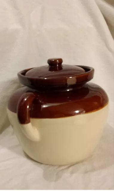 Vintage McCoy #1242 Large Brown/Tan Pottery Crock Bean Pot w/ Lid 6" tall 3