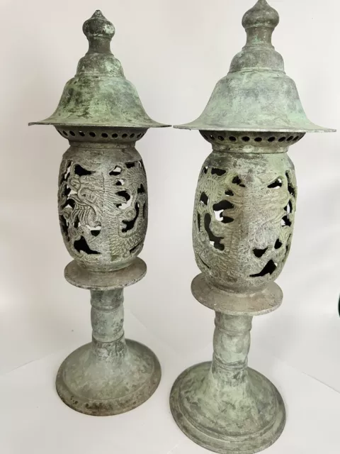 Lovely Estate Find Pair of Japanese Green Patinated Brass Garden Style Lanterns