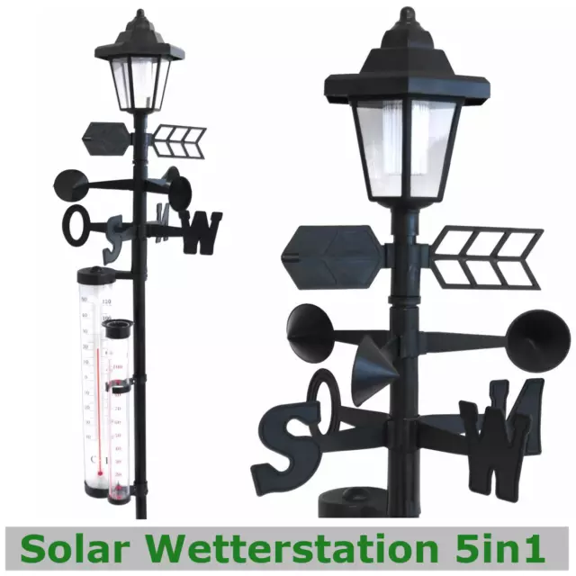 Solar Wetterstation 5in1 mit LED Solarlampe Leuchte Thermometer Wind Regen