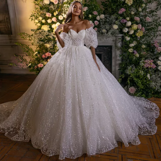 Luxury Sweetheart Princess Wedding Dresses Half Sleeve Beading Lace Bridal Gowns