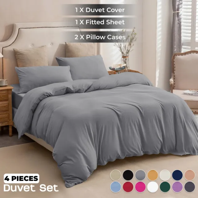 4 Piece Duvet Quilt Cover Reversible Bedding Set With Fitted Sheet Hotel Quality