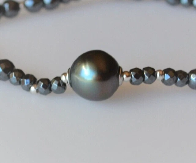 Perle de Tahiti Paon de 9,15 x 9,00 mm + Hématites Noires - Bracelet
