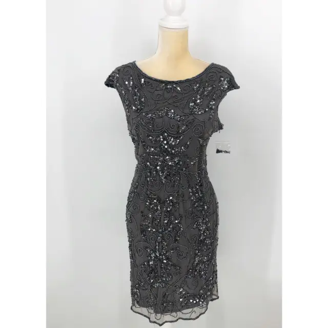 PISARRO NIGHTS Women's Beaded Mesh Cocktail Dress sz 12 Ash Grey Cap Sleeve NWOT