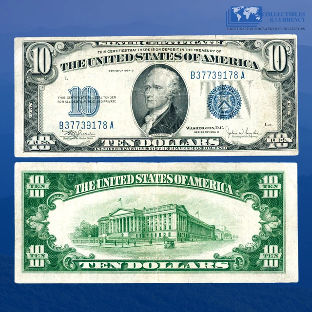 1934C $10 Ten Dollars Silver Certificate Blue Seal, VF #39178