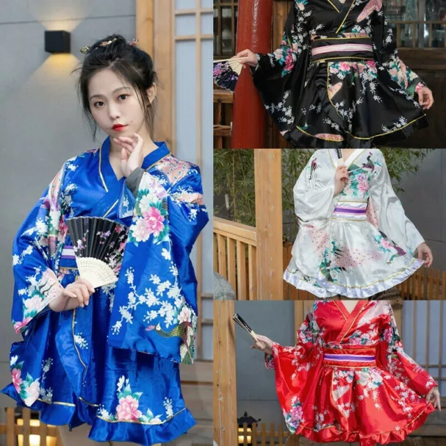 Floral Kimono Satin Ruffle Dress Japanese Bathrobe Yukata Geisha Costume Cosplay