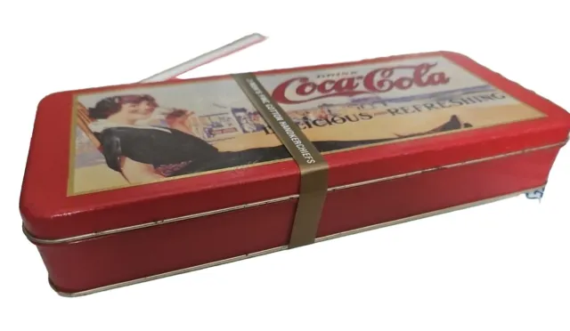 Vintage Coca Cola Drink tin box w/3 cotton hakerciefs inside, Sealed Collectable