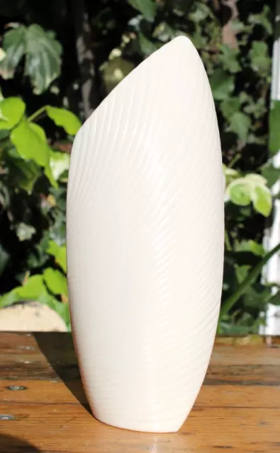 Vintage Belleek Irish Ivory Colored Porcelain Ribbed Slanted Bud Vase 9"