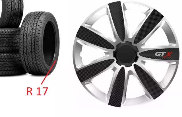 Coprimozzo Universale Coprimozzo Ruota Set Completo Di 4 Argento Nero 17" Pollici