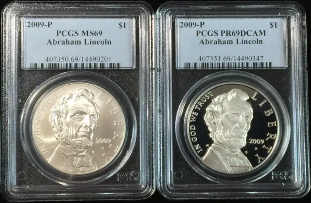 2009-P Pcgs Pr69 Proof/Unc Lincoln Commemorative Silver Dollars 2 Coin Set #201